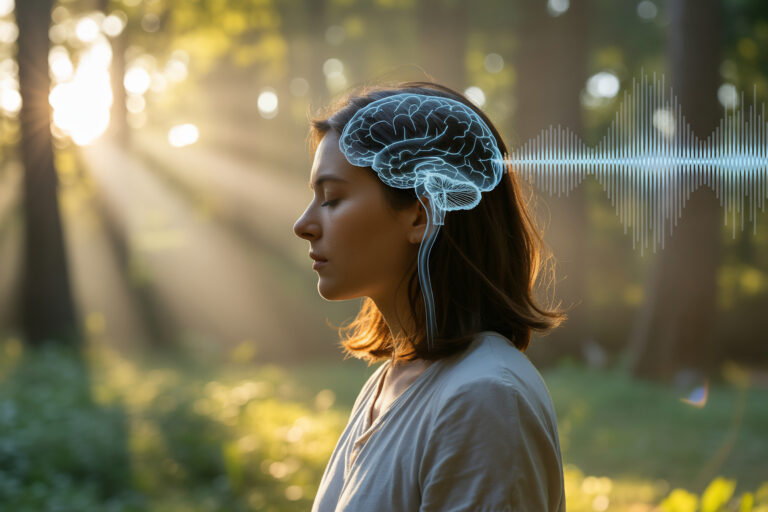 Woman with brain and sound waves in nature, mental health