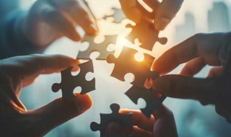 A puzzle being assembled by a team each piece representing a different aspect of their business vision and goals coming together, Generative AI